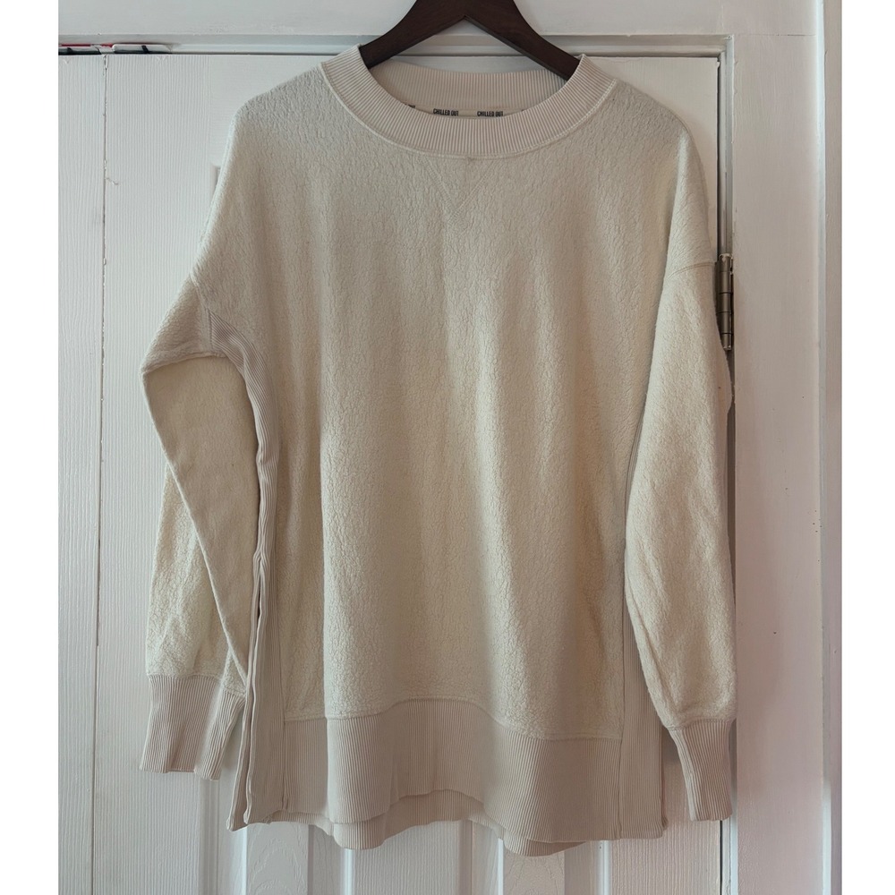 Aerie Chilled Out Cream Fleece Oversized Sweatshirt Ribbed Trim Small NWT